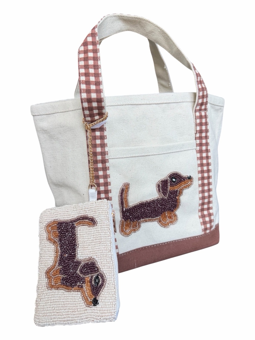 Viral Beaded Dachshund Dog Canvas Mini Tote Gingham NWT Marshalls TJMaxx